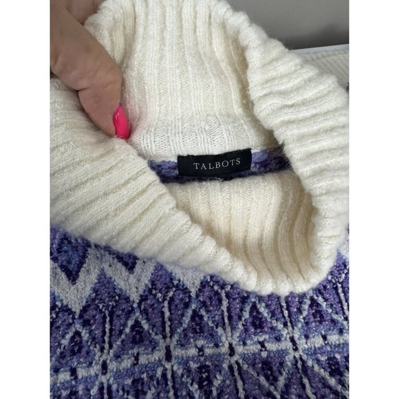 Talbots Fair Isle Knit L Sweater Purple White Cozy Nordic Oversized Cabincore - Picture 3 of 7